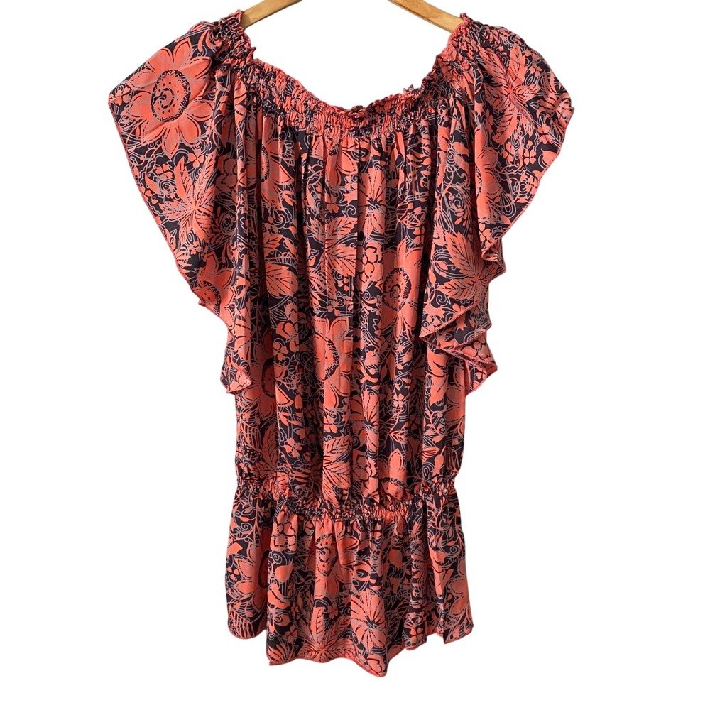 Karma Highway Coral Floral Paisley Smocked Off Shoulder Peplum Blouse One Size